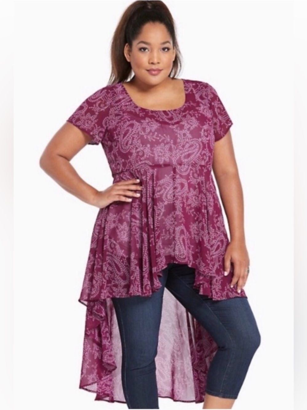 Torrid Size 3 Purple Paisley Short Sleeve High-Low Tunic Top